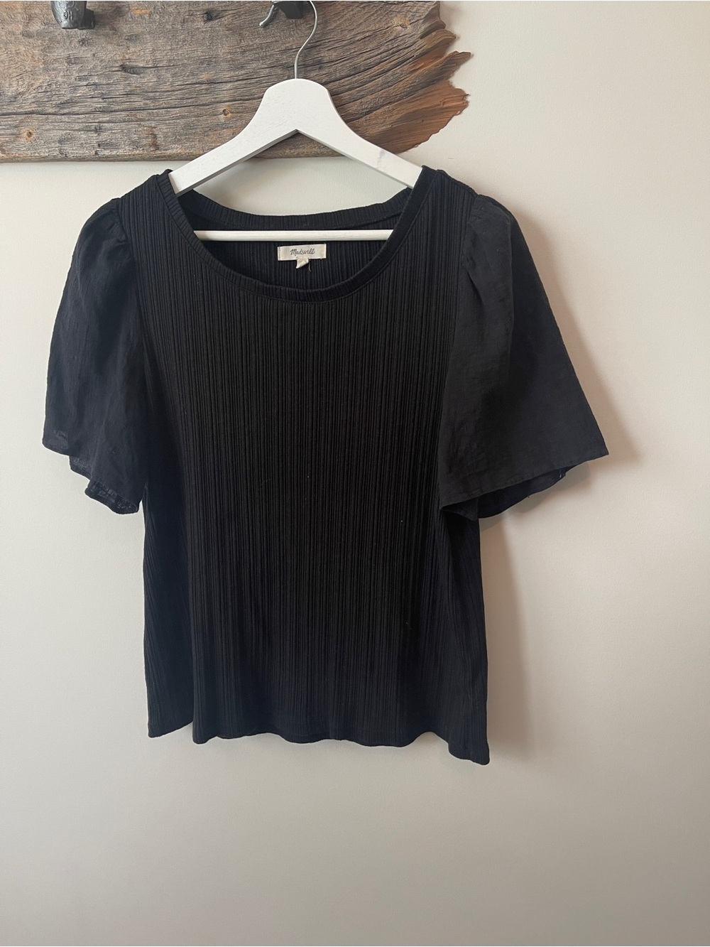 Madewell Black Ribbed Short Puffed Sleeve Blouse